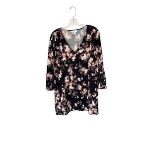 J. Jill Black Floral V-Neck Dark Romantic Relaxed Lagenlook Blouse Size Large